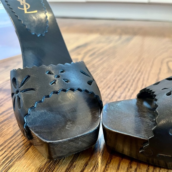 Yves Saint Laurent 5” Black Wood and Leather Heels w/ Floral Pattern size 8 1/2 - Picture 5 of 9